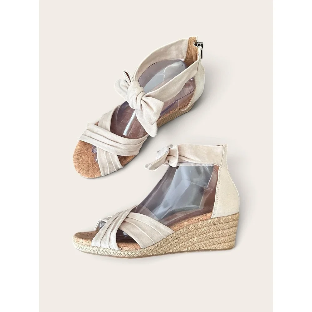 UGG Espadrille Wedge Sandals Womens 9 Cream Bow Ankle Strap Cork Jute Summer